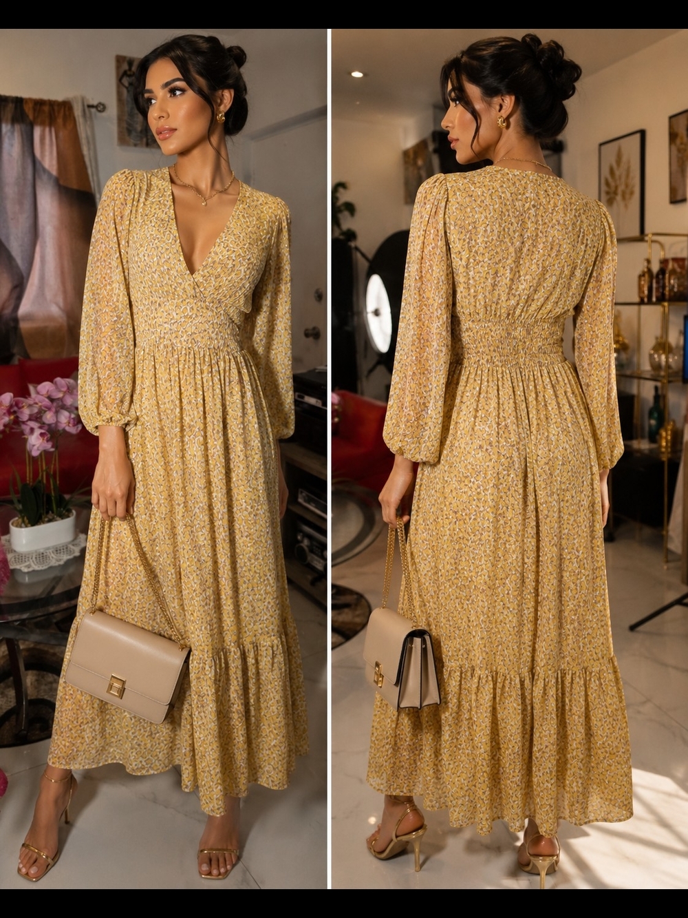 Loveappella Yellow Floral V-Neck Maxi Dress